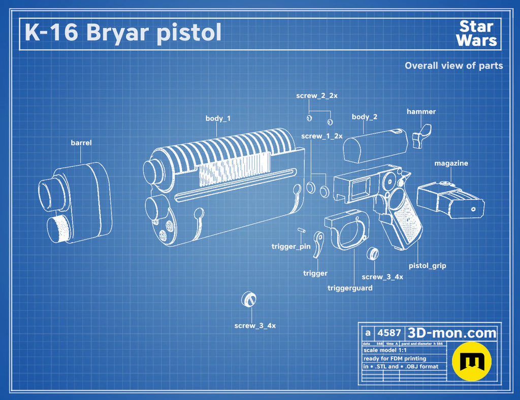 K-16 Bryar Pistol | 3D Printed Movie Prop-Non-Functional
