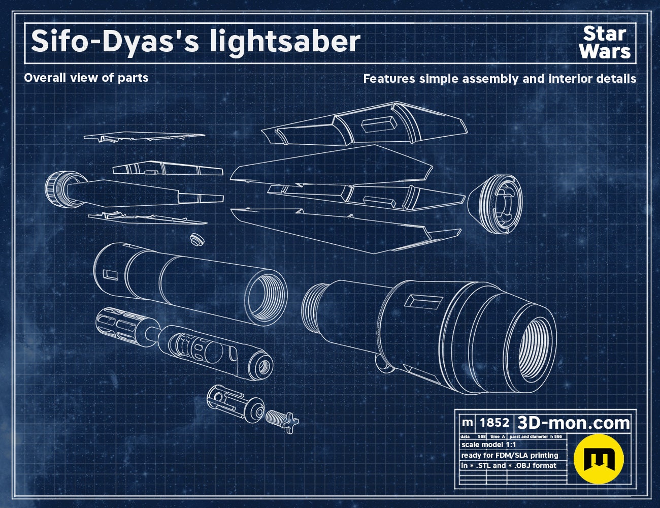 Sifo Dyas Lightsaber | No Paint Required | 3D Printed | Clone Wars | Galaxy's Edge | Lightsaber Display Mount on Desk or Wall