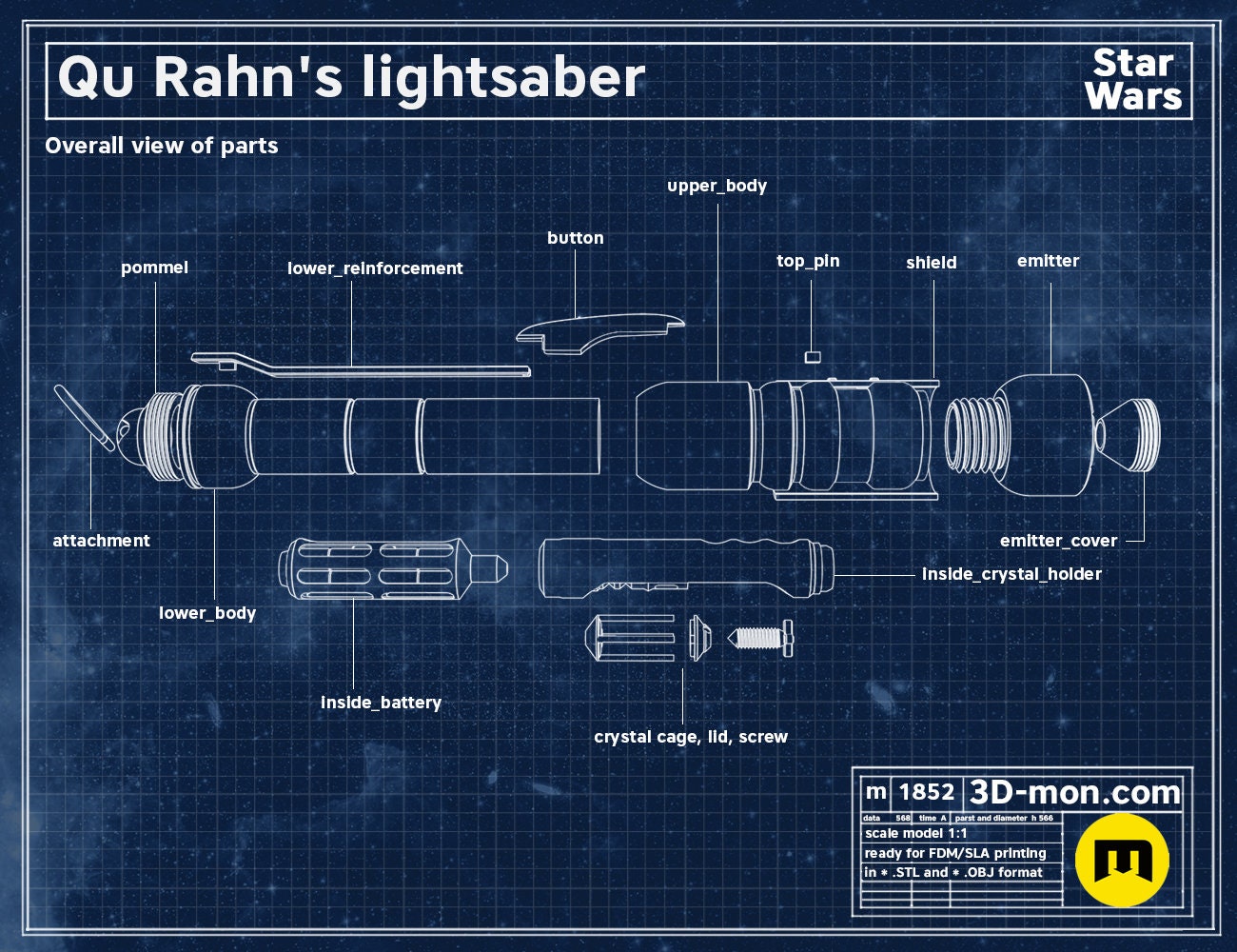 Qu Rahn Lightsaber | No Paint Required | 3D Printed | Dark Forces | Clone Wars | Lightsaber Display Mount on Desk or Wall