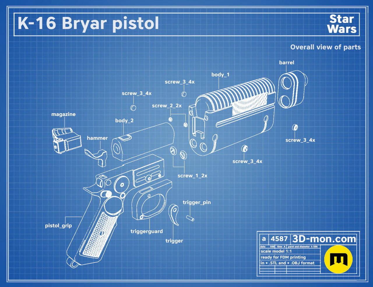 K-16 Bryar Pistol | 3D Printed Movie Prop-Non-Functional